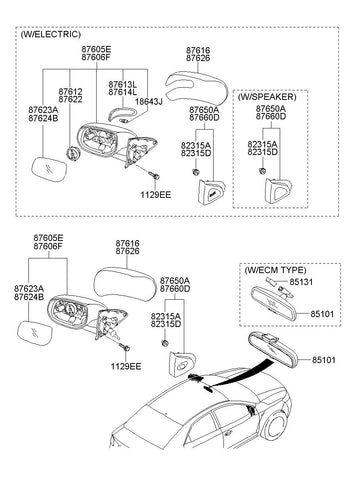 MIRROR SUB ASSY-O/S RR VIEWRH <br>87606-1M600AS, <br>876061M600AS, <br>87606 1M600AS <br>(Original, New)