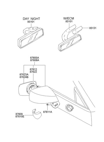 MIRROR & HOLDER ASSY-O/S RR VIEWLH <br>87611-2C000, <br>876112C000, <br>87611 2C000 <br>(Original, New)